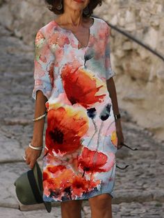 Women's Casual Dress Shift Dress Print Dress Floral Print V Neck Mini Dress Active Fashion Outdoor Daily Half Sleeve Regular Fit White Pink Wine Fall Spring S M L Xl Xxl V Neck Mini Dress, Pink Wine, 2023 Trends, Trends 2023, Spring Fabric, Style Streetwear, Types Of Dresses, Pattern Floral, Dress Floral