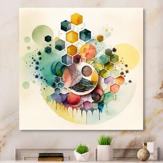 an abstract painting with hexagonal shapes on the wall