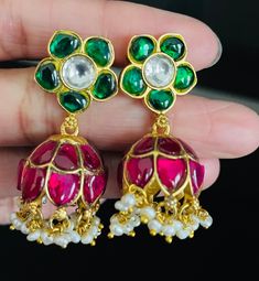 High-quality Jadau Kundan Jhumkas with Pearl tassels. Brass-based item.  Hand made. Temple Jewelry Jhumkas With Latkans For Diwali, Diwali Temple Jewelry Jhumkas With Latkans, Temple Jewelry Jhumkas With Latkans For Festivals, Temple Jewelry Style Jhumkas With Latkans For Festivals, Traditional Cutdana Dangle Jhumkas, Traditional Chandbali Jhumkas With Latkans, Traditional Dangle Jhumkas, Traditional Cutdana Jhumkas Dangle, Traditional Cutdana Jhumkas