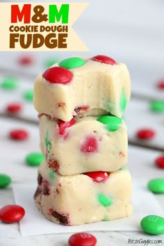 m & m cookie dough fudge stacked on top of each other