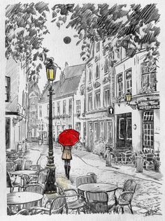 a drawing of a person walking down the street with an umbrella