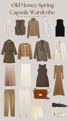 The Best Old Money Spring Capsule Wardrobe - By Lisa Fonde Old Money Spring Outfits, Old Money Spring, Elegant Capsule Wardrobe, Old Money Capsule Wardrobe, Minimalist Wardrobe Capsule, Money Clothing, Brown Outfits, Elegant Wardrobe, Capsule Wardrobe Women