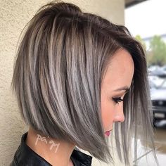 Morning stylists! We ❤️ this short, asymmetrical hair cut and silver highlights by @polishedbypaigey! Remember to tag #modernsalon today to be featured! Brown Hair With Silver Highlights, Silver Hair Highlights, Gray Balayage, Κούρεμα Bob, Balayage Blonde, Transition To Gray Hair, Gray Hair Highlights, Haircut And Color