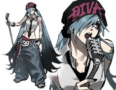 two anime characters one with blue hair and the other with black hair holding microphones