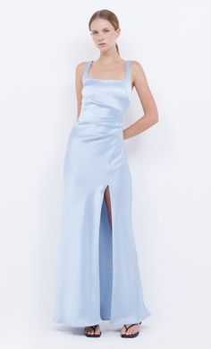 The Dreamer Square Neck Dress Bridesmaids in Dusty Blue by Bec + Bridge' Square Neck Dresses For Gala And Prom Season, Square Neck Dress For Gala During Prom Season, Blue Maxi Dress With Side Slits For Prom, Blue Maxi Dress With Side Slits For Gala, Fitted Square Neck Dress With Side Slits, Blue Maxi Dress With Straight Neckline For Evening, Elegant Blue Evening Dress With Side Slits, Square Neck Evening Dress With Fitted Bodice For Prom, Fitted Bodice Square Neck Evening Dress For Prom