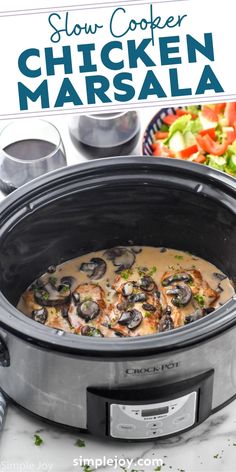 slow cooker chicken marsala in the crock pot with text overlay that reads slow cooker chicken marsala