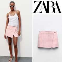 Brand New Zara Pink And White Gingham Asymmetrical Skort Zara Bottoms With Asymmetrical Hem For Summer, Zara Asymmetrical Hem Bottoms For Summer, White Asymmetrical Bottoms For Summer, Asymmetrical White Bottoms For Summer, Zara Asymmetrical Skirt For Summer, Zara Gingham Bottoms For Summer, Zara Plaid Summer Bottoms, Asymmetrical Skort, Jean Skort