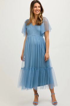 Blue Dotted Tulle Smocked Maternity Midi Dress – PinkBlush Summer Party Maternity Dress With Short Sleeves, Short Sleeve Maternity Dress With Smocked Bodice, Maternity Midi Dress With Ruffles And Short Sleeves, Spring Maternity Dress With Smocked Bodice And Short Sleeves, Flowy Maternity Dress With Ruffles And Short Sleeves, Short Sleeve Maternity Dresses With Ruffles, Maternity Short Sleeve Dress With Ruffle Hem, Maternity V-neck Dress With Ruffles, V-neck Maternity Dress With Ruffles