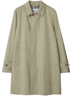 beige cotton gabardine weave classic collar concealed front button fastening long sleeves belted cuffs above-knee length straight hem checked lining Designer Beige Gabardine Outerwear, Classic Gabardine Outerwear With Double-breasted Fastening, Double-breasted Gabardine Outerwear With Buttons, Beige Double-breasted Gabardine Outerwear, Burberry Coats & Jackets, Versace Sneakers, Burberry Trench, Single Breasted Coat, Cotton Coat