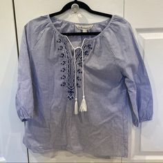 Blue And White Stripe Tantrums Peasant Blouse Ties At The Front Embroidery Around The Neckline/Front Size Small Approximately 17.5" Pit To Pit Nwt Crochet Boho Top, Boho Denim, Tie Dye Tunics, Bohemian Blouses, Lace Trim Top, Embellished Blouse, White Tunic, Tie Blouse, Floral Print Blouses