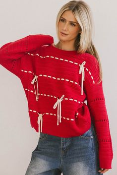 round neck stretch knit sweater with contrast tie details