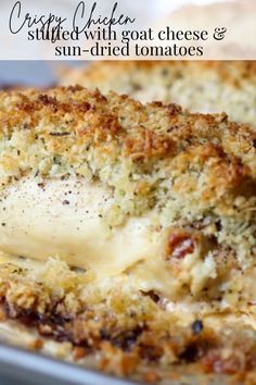 chicken breast with goat cheese and sun - dried tomatoes in a casserole dish