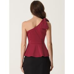 If you're looking for a stylish and feminine top that can be worn for almost any occasion, you might want to consider this peplum top. With its one-shoulder design, self-bow shoulder, ruffle hem, and peplum style, this top is both unique and flattering. The one-shoulder design accentuates your collarbone and adds a touch of elegance to your look, while the peplum style and ruffle hem create a flattering silhouette. This top is versatile enough to be worn for daily wear, casual outings, work, off Feminine Top, One Shoulder Top, Peplum Styles, Women's Blouses, One Shoulder Tops, Shoulder Design, Chic Woman, Ruffle Hem, Peplum Top