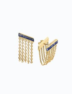 Ear elegance. This dainty pair of earrings is pulled together with 5 tiny chains and a bold bar across the lobe and elegantly wrap up behind the ear. Great for everyday wear. ¶ Yellow Silver with Lapis Formal Linear Chain Earrings, Formal Linear Drop Earrings With Chain Detail, Modern Linear Earrings With Adjustable Chain, Modern Link Chain Earrings, Elegant Chain Link Earrings, Acute Angle, Cartilage Ear Cuff, Minimalistic Jewelry, Vertical Bar Necklace