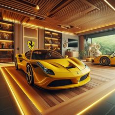 a yellow sports car is parked in a room with wooden floors and shelves on the wall