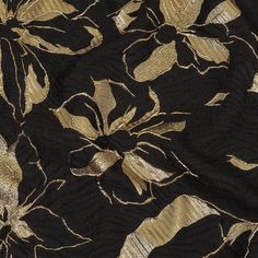 Opulent and eye-catching, this Metallic Gold and Black Floral Border Print Luxury Brocade will stop anyone in their tracks! A woodgrain-like puckered texture appears throughout the black background, with metallic gold flowers clustering around one selvage edge. This bouncy, lightweight brocade is ideal for fashioning dramatic directional designs, including decorative hemlines on pants, skirts, and dresses. Comfortable and soft in hand, yet translucent, a lining may be desired for extra protectio Brocade Dress, Gold Brocade, Mood Fabrics, Gold Aesthetic, Cloth Material, Border Print, Brocade Fabric, Beautiful Backgrounds, Floral Border