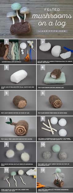 the instructions for how to make an adorable stuffed animal with yarn and cotton balls, including mushrooms