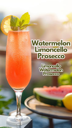 Watermelon Limoncello Prosecco Watermelon Prosecco Cocktails, Prosecco Cocktails Easy, Watermelon Puree, Watermelon Cocktails, Mobile Bartender, Prosecco Punch, Prosecco Drinks, Cocktail Cards, Limoncello Cocktails