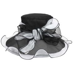 Ruffle brim derby hat for women. Large two tone bow, sits tilted on right side. Satin inner band with drawstring to adjuts fit. One size. 100% polyester. Chic Brimmed Boater Hat With Bow, Chic Sun Hat With Bow For Kentucky Derby, Chic Wide Brim Hat With Bow, Elegant Brimmed Sun Hat With Bow, Chic Hat With Bow For Garden Party, Wide Brim Party Hat With Bow, Chic Spring Hat With Bow, Elegant Fedora Sun Hat With Bow, Chic Party Hats With Ribbon