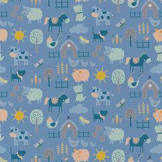 a blue fabric with farm animals on it and trees, clouds, and sun in the background