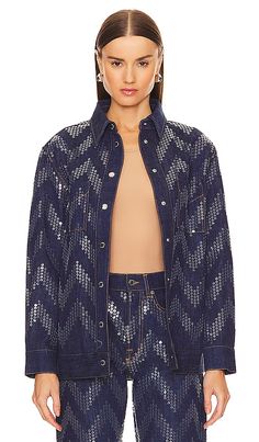 Find MISSONI Overshirt In Blue on Editorialist. Missoni Overshirt in Blue. - size 36/0 (also in 38/2, 40/4, 42/6) Missoni Overshirt in Blue. - size 36/0 (also in 38/2, 40/4, 42/6) Self: 100% cotton Contrast Fabric: 100% polyester. Made in Italy. Machine wash. Front button closure. Front slip pockets. Button cuffs. Midweight denim fabric with clean sequin embellishments. Item not sold as a set. MSNI-WO8. DS24SC0E. Missoni. The classic Italian brand is set and ready for hot fall fashion. With cute Dark Denim Jacket, Embellished Denim Jacket, Cute Accessories, Embellished Denim, Cute Fall Outfits, Classic Italian, Knit Jacket, Fall Outfits Women, Blue Jacket