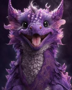 a purple and white furry creature with big eyes