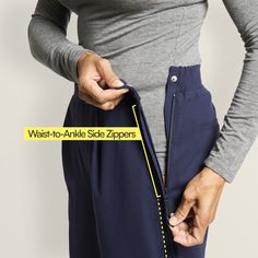 Two side zippers can zip down from the waist to the ankle or up from the ankle to the waist -- allowing for full and easy dressing and access Snaps, which secure the pants closes, are positioned to avoid pressure points for 360-degree comfort Fashion-forward tapered fit for women of all body types & sizes Breathable 4-way stretch fabric keeps you cool when it's hot and warm when it's not Comfortable & smooth waistband with extra-stretchy fabric that adjusts for all sizes Two side pockets; faux b Side Zip Pants, Comfort Fashion, Pant For Women, Everyday Pants, Zip Dress, Easy Dressing, Pressure Points, 4 Way Stretch Fabric, It's Hot