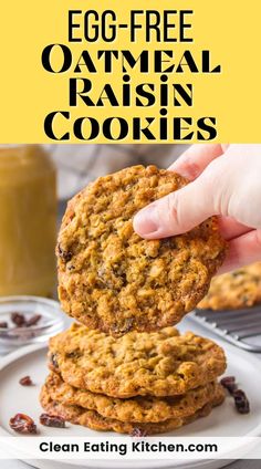 an egg - free oatmeal raisin cookies recipe with text overlay