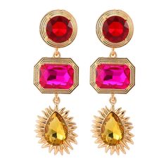 This pair of dazzling vintage design earrings features a chunky gold metal frame and colorful, faceted crystal droplets. Their long, triple drop dangle design make them a unique, eye-catching statement piece that will elevate any outfit. With their intricate craftsmanship fit for elegance and luxury, they'll be a memorable and coveted addition to any jewelry collection. Available in four different colors. Details Item Type: Fashion Earrings Metal Type: Zinc Alloy Material: Acrylic,Rhinestone Siz Embellished Fashion, Betsey Johnson Earrings, Bright Winter, Crystal Dangle Earrings, Long Dangle Earrings, Crystal Drop Earrings, Rhinestone Jewelry, Crystal Drop, Accessories Jewelry Earrings