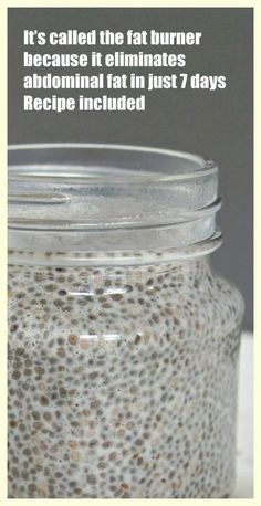 a jar filled with chia seeds sitting on top of a table