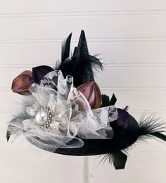 Halloween Decor SMALL Witch Hat Black With Feathers Flowers - Etsy Whimsical Black Costume Accessories, Black Mini Hats For Halloween Themed Events, Black Novelty Costume Hats And Headpieces For Themed Events, Black Novelty Mini Hats For Themed Events, Novelty Black Mini Hats For Themed Events, Witchy Mini Hats For Halloween, Black Halloween Themed Top Hat, Witchy Black Top Hat For Halloween, Witchy Black Mini Hats For Costume