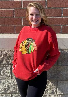 Chicago Blackhawks Womens Red Cozy Cord Crew Sweatshirt - 9432281 Fan Apparel Sweater With Ribbed Cuffs, Fan Apparel Long Sleeve Sweater With Ribbed Cuffs, Long Sleeve Sweater With Ribbed Cuffs For Fans, Winter Game Day Long Sleeve Tops, Red Winter Fan Gear Tops, Long Sleeve Sweatshirt For Winter Fan Gear, Winter Long Sleeve Tops For Game Day, Winter Fan Apparel Tops With Ribbed Cuffs, Fall Red Sweatshirt For Fan Gear