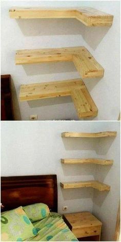 there are two shelves made out of wood