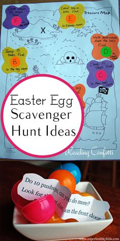 an easter egg scavenger hunt is shown with eggs in a bowl and on the table