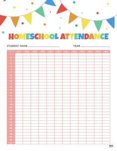 printable homeschool attendance sheet with colorful bunting and streamers in the background