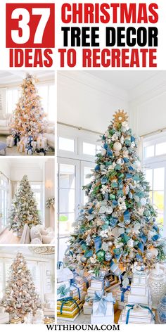 a christmas tree decorated with blue and white ornaments