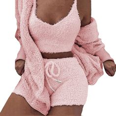 PRICES MAY VARY. HIGH QUALITY MATERIAL - Our Warm Fuzzy Pajamas for Women is Made of Soft Fleece Sherpa, the Fuzzy Fleece Fabric is So Warm that Keep You Never Feel Cold in Spring, Autumn and Winter. FEATURE - 3 Piece Outfit Pajamas (the three accessories are of the same color), including Fuzzy Sherpa Fleece Open Front Cardigan, Sleeveless Crop Tops Vest, Elastic Waist Shorts with Drawstring. SIZE - Please Check SIZE CHART On the Last Picture Before your Order our fuzzy fleece 3 piece outfits pa Fuzzy Pajama Set, Fuzzy Robe Short, Fuzzy Two Piece Pajamas, Cozy Pink Sleepwear, Soft Pink Winter Sleepwear, Outfit Sets For Women, Winter Pajamas Women, Warm Pajamas, Outfit Cardigan