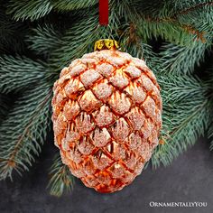 a pine cone ornament hanging from a christmas tree with snow flakes on it