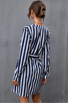 Navy & white stripes long sleeve mini dress with detachable belt. Lightweight woven fabric. Available in S & M. Model is wearing a Small(S). (S)2-4 (M)6-8 (L)10-12 Laceup Dress, Collar Dresses, Blue Long Sleeve Tops, Long Sleeve Dresses, Strapless Jumpsuit, Long Sleeve Tops Casual, Striped Mini Dress, Casual Sets, Polo Collar