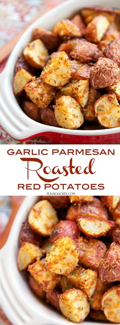 garlic parmesan roasted red potatoes in a white bowl on a colorful tablecloth