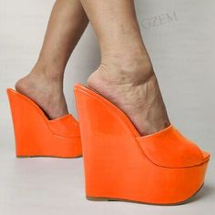 Women Pumps Platform Wedges Shiny Peep Toe Slip On Mules High Heels Sandals Shoe | eBay Orange Round Toe Wedge Sandals For Party, Orange Synthetic Wedge Sandals For Party, Orange Wedge Sandals For Summer Parties, Orange Wedge Sandals For Spring Party, Fitted Orange Open Toe Sandals, High Heels Sandals, Slip On Mules, Heels Sandals, Platform Wedges