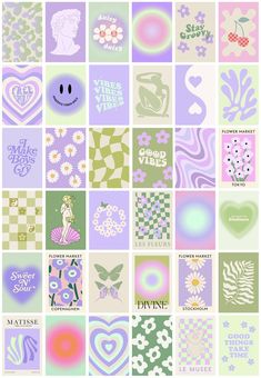 a collage of different patterns and designs in pastel colors, including hearts, flowers, trees, birds, butterflies, and more