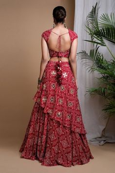 Buy Red Heavy Georgette Digital Print Bandhani Sweetheart Lehenga Set For Women by Ahi Clothing Online at Aza Fashions. Modern Lehenga Designs, Saree Dress Design Ideas, Print Blouse Design, Tiered Lehenga, Indo Western Outfits For Women, Chinese Fancy Dress, Lehenga Pattern, Half Saree Lehenga, Bandhani Dress