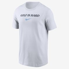 It's your game. Show it the love it deserves in this sweat-wicking Nike golf tee. Sports Season Dri-fit Graphic T-shirt, Moisture-wicking Golf T-shirt For Sports, Sporty Moisture-wicking T-shirt For Golf, Sports Season Dri-fit T-shirt With Letter Print, Dri-fit Team Spirit T-shirt With Crew Neck, Dri-fit T-shirt With Letter Print For Sports Season, Team Spirit Golf T-shirt For Sports Season, Team Spirit Cotton T-shirt For Golf, Team Spirit T-shirt With Team Name For Golf