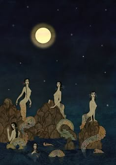 three mermaids are sitting on rocks in the ocean at night with a full moon above them