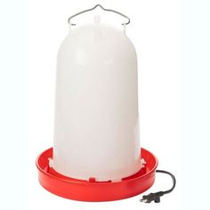 a large white jug sitting on top of a red stand with a black cord attached to it