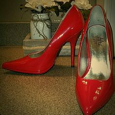 Beautiful Patent Red Heels Never Worn Red Closed Toe Heels With 4-inch Heel, Red Court Shoes With 4-inch Heel, Red Almond Toe Court Shoes For Summer, Red Closed Toe Court Shoes With 4-inch Heel, Red Pointed Toe Heels With 4-inch Heel, Hot Heels, Red Heels, Red Hot, Shoes Women Heels