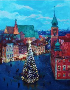 a painting of a christmas tree in the middle of town