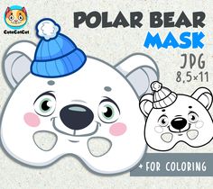 a polar bear mask with a blue hat on it's head and the words polar bear mask for coloring