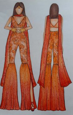 two drawings of women in orange dresses